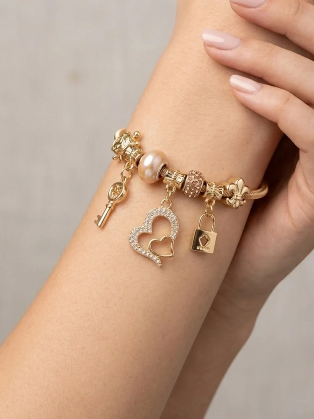 Gold Lock & Key Charm Bracelet | Pandora Style Snake Chain